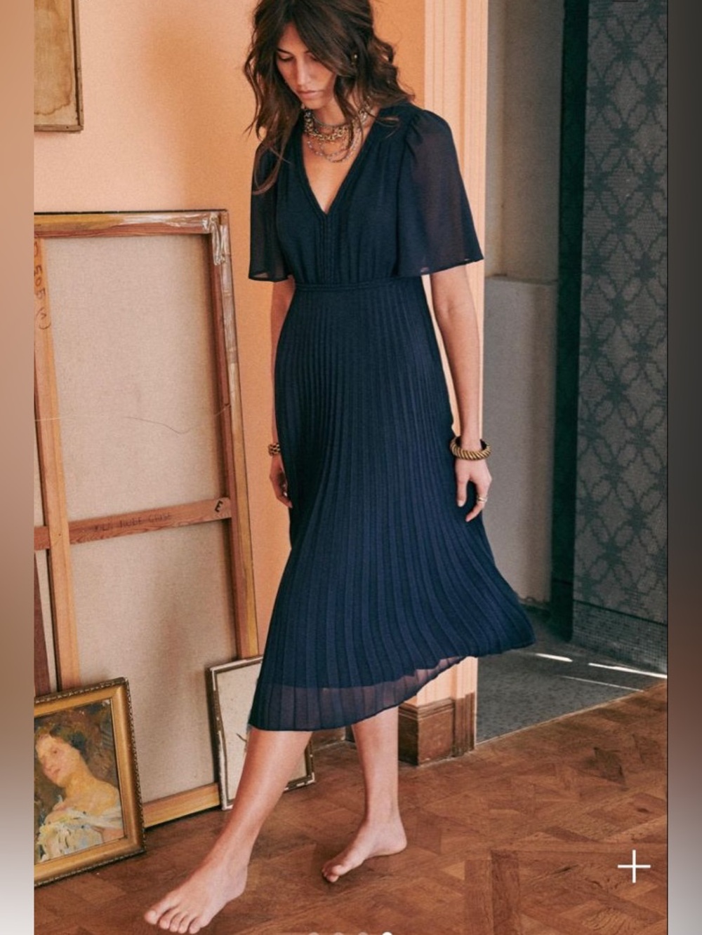 Sezane Robe FLORENCIA Pleated DRESS Navy Blue Sz 2